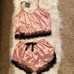 Lace Panel Satin Short Pajama Set - Rose/Black